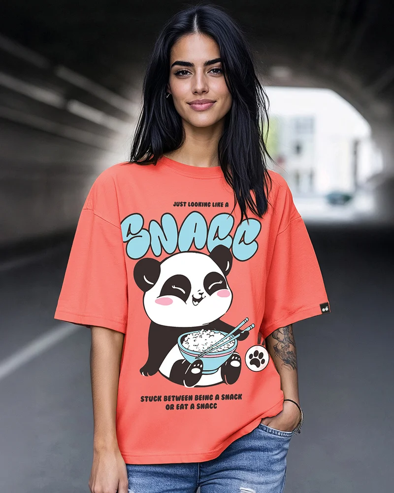 بيواكوف Women's Coral Pink Snacking Graphic Printed Oversized T-shirt